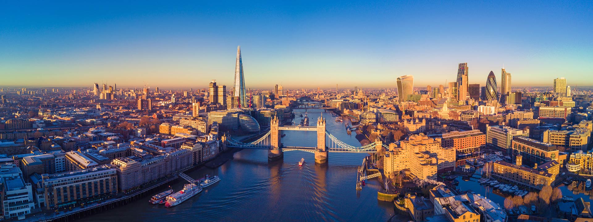 Aerial panoramic cityscape view of London and the River Thames, England, United Kingdom